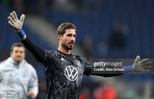 Kevin Trapp of Germany warms up prior to the International Friendly match between Germany and Israel at PreZero-Arena on March 26, 2022 in Sinsheim,...
