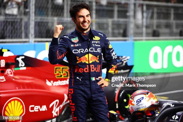 Pole position qualifier Sergio Perez of Mexico and Oracle Red Bull Racing celebrates in parc ferme during qualifying ahead of the F1 Grand Prix of...