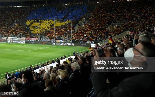 Fans show their support for Ukraine prior to the International Friendly match between Germany and Israel at PreZero-Arena on March 26, 2022 in...