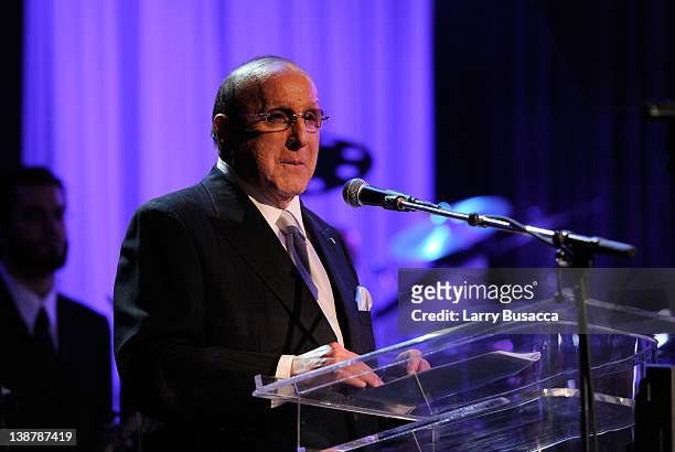 Chief Creative Officer of Sony Music Entertainment Clive Davis speaks onstage at Clive Davis and the Recording Academy's 2012 Pre-GRAMMY Gala and...