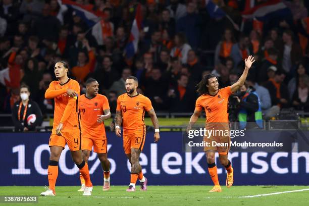 Nathan Ake of Netherlands celebrates after scoring their team's second goal during the International Friendly match between Netherlands and Denmark...