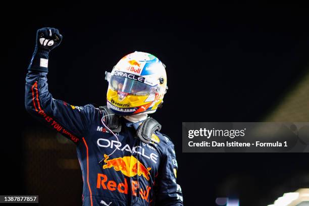 Pole position qualifier Sergio Perez of Mexico and Oracle Red Bull Racing celebrates in parc ferme during qualifying ahead of the F1 Grand Prix of...