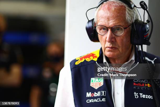 Red Bull Racing Team Consultant Dr Helmut Marko looks on in the garage during qualifying ahead of the F1 Grand Prix of Saudi Arabia at the Jeddah...