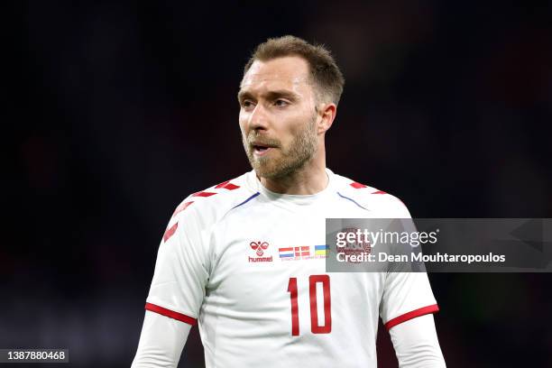 Christian Eriksen of Denmark looks on during the International Friendly match between Netherlands and Denmark at Johan Cruijff Arena on March 26,...