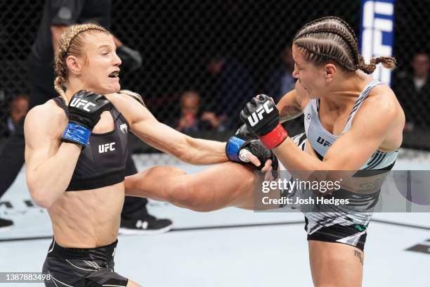 Jennifer Maia of Brazil kicks Manon Fiorot of France in a flyweight fight during the UFC Fight Night event at Nationwide Arena on March 26, 2022 in...