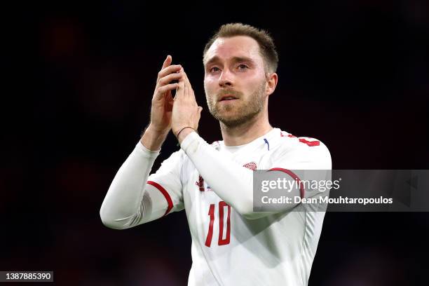 Christian Eriksen of Denmark applauds fans after their sides defeat during the International Friendly match between Netherlands and Denmark at Johan...