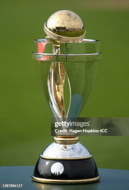 The Women's Cricket World Cup trophy is seen ahead of the 2022 ICC Women's Cricket World Cup match between England and Bangladesh at Basin Reserve on...