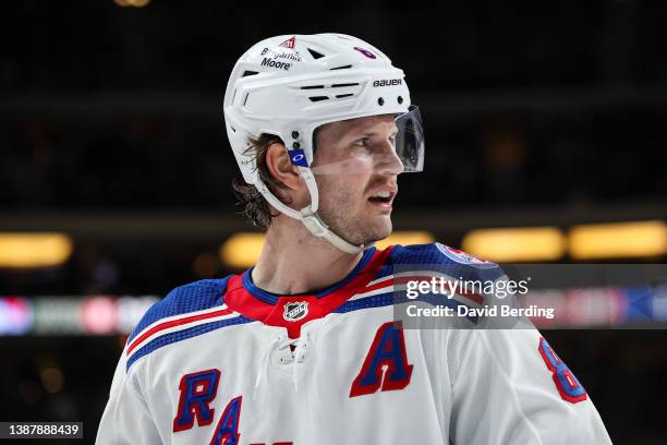Jacob Trouba of the New York Rangers looks on against the Minnesota Wild in the first period of the game at Xcel Energy Center on March 8, 2022 in St...