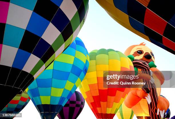 Hot Air Balloons prepare to take flight from Brown Brothers Milawa Airfield on March 27, 2022 in Wangaratta, Australia. The King Valley Balloon...