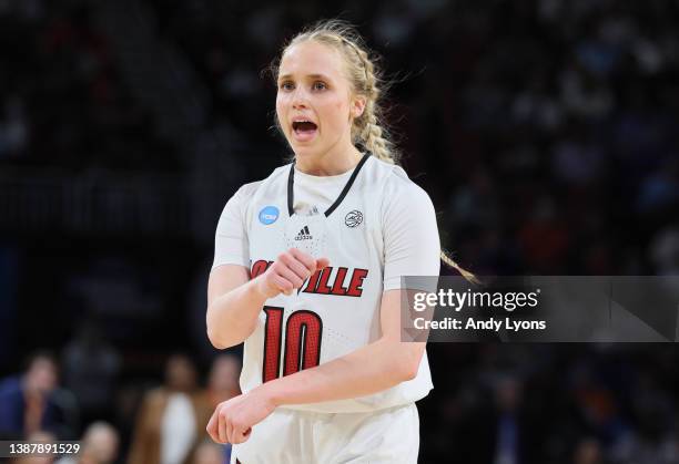 Hailey Van Lith the Louisville Cardinals celebrates against the Tennessee Volunteers in the Sweet 16 round of the NCAA Women's Basketball Tournament...