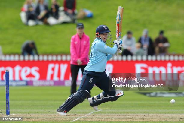 Tammy Beaumont of England bats during the 2022 ICC Women's Cricket World Cup match between England and Bangladesh at Basin Reserve on March 27, 2022...