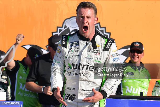 Allmendinger, driver of the Nutrien Ag Solutions Chevrolet, celebrates in victory lane after winning the NASCAR Xfinity Series Pit Boss 250 at...