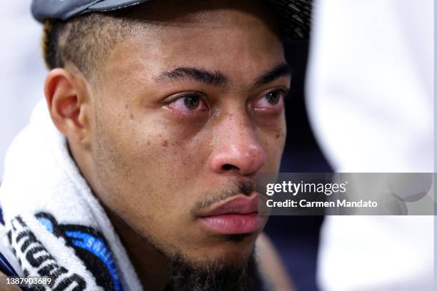 Justin Moore of the Villanova Wildcats reacts after an injury after defeating the Houston Cougars 50-44 in the NCAA Men's Basketball Tournament Elite...