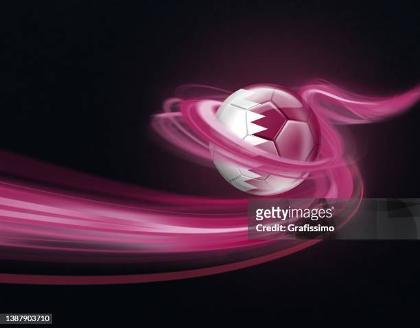 katar flagge auf fußball weht durch den dunklen raum - qatar stock-grafiken, -clipart, -cartoons und -symbole