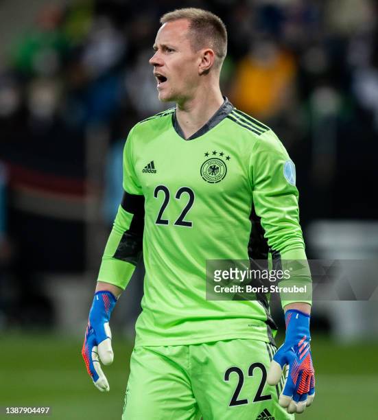 Goalkeeper Marc-Andre ter Stegen of Germany reacts during the international friendly match between Germany and Israel at PreZero-Arena on March 26,...