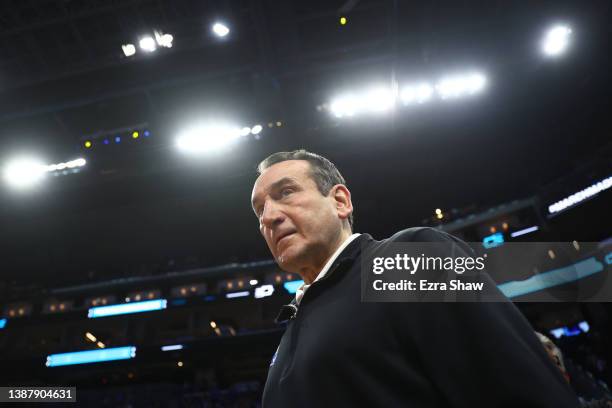 Head coach Mike Krzyzewski of the Duke Blue Devils walks onto the court prior to the start of the game against the Arkansas Razorbacks in the NCAA...