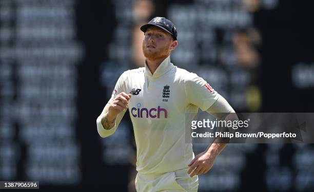 Ben Stokes of England looks on during the third day of the third Test against West Indies at National Cricket Stadium on March 26, 2022 in Grenada,...