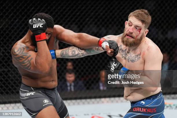 Curtis Blaydes punches Chris Daukaus in a heavyweight fight during the UFC Fight Night event at Nationwide Arena on March 26, 2022 in Columbus, Ohio.