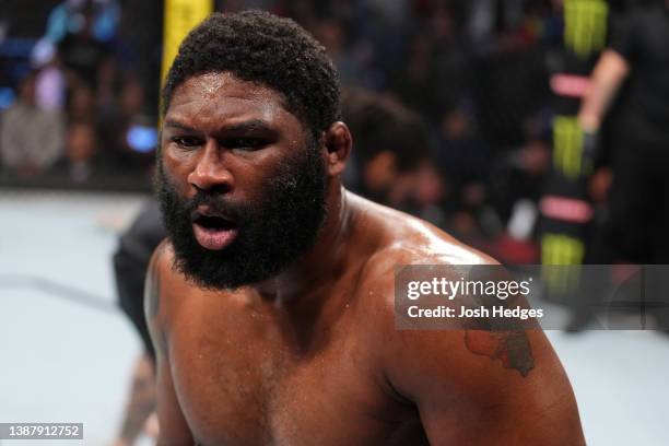 Curtis Blaydes celebrates his KO victory over Chris Daukaus in a heavyweight fight during the UFC Fight Night event at Nationwide Arena on March 26,...