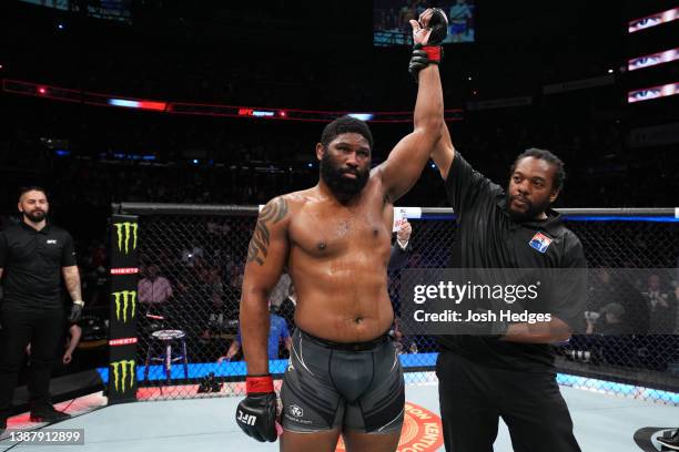 Curtis Blaydes celebrates his victory over Chris Daukaus in a heavyweight fight during the UFC Fight Night event at Nationwide Arena on March 26,...