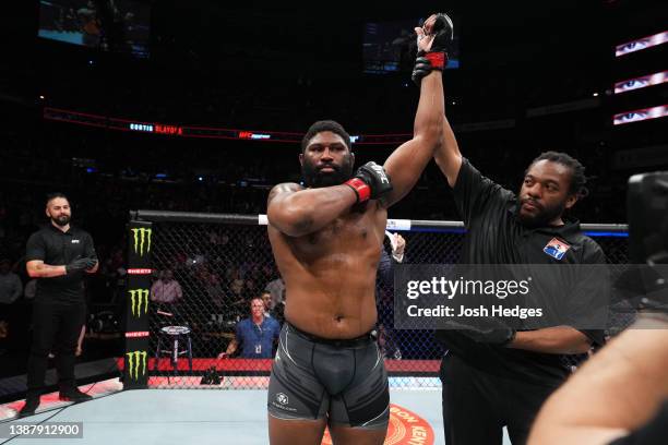 Curtis Blaydes celebrates his victory over Chris Daukaus in a heavyweight fight during the UFC Fight Night event at Nationwide Arena on March 26,...
