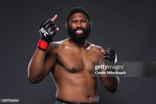 Curtis Blaydes poses for a portrait backstage during the UFC Fight Night event at Nationwide Arena on March 26, 2022 in Columbus, Ohio.