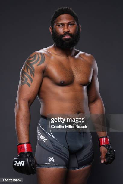 Curtis Blaydes poses for a portrait backstage during the UFC Fight Night event at Nationwide Arena on March 26, 2022 in Columbus, Ohio.