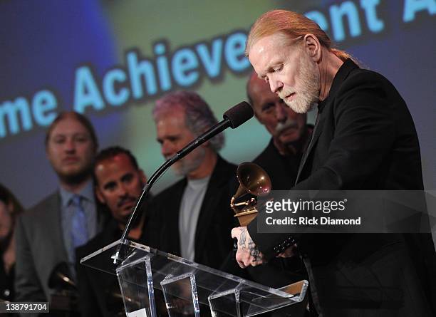 Honoree Gregg Allman of the Allman Brothers Band accepts Lifetime Achievement award during The 54th Annual GRAMMY Awards - Special Merit Awards...