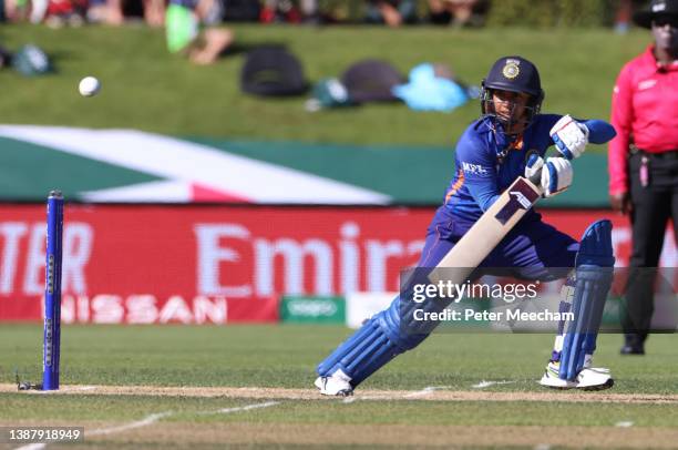 Mithali Raj from India ducks a bouncer during the 2022 ICC Women's Cricket World Cup match between India and South Africa at Hagley Oval on March 27,...