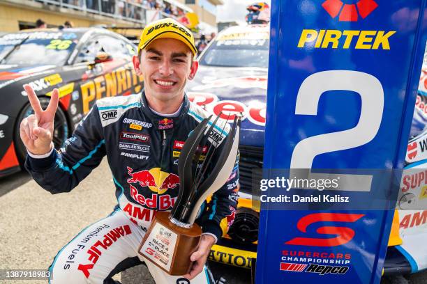 Broc Feeney driver of the Red Bull Ampol Racing Holden Commodore ZB celebrates after finishing second in race 2 which is part of round 2 of the 2022...