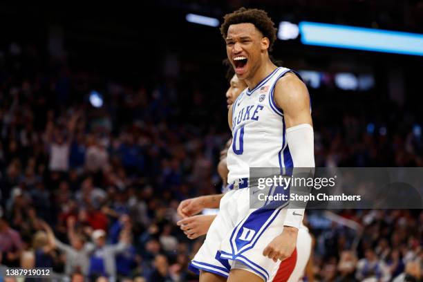 Wendell Moore Jr. #0 of the Duke Blue Devils reacts during the second half against the Arkansas Razorbacks in the NCAA Men's Basketball Tournament...