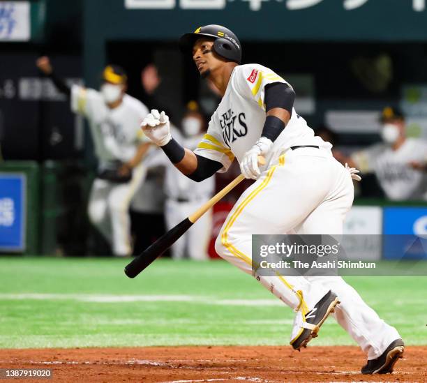 Yurisbel Gracial of the Fukuoka SoftBank Hawks hits a RBI double in the 5th inning against Hokkaido Nippon-Ham Fighters at Fukuoka PayPay Dome on...