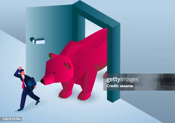 ferocious bear running out of open door scares away businessman. - bear market 幅插畫檔、美工圖案、卡通及圖標