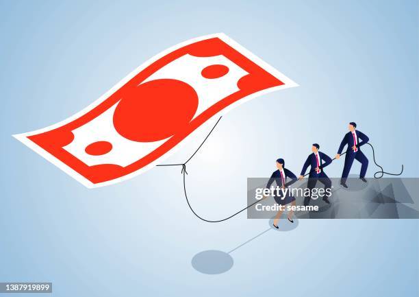 three businessmen pulling and rising banknote kites together, currency appreciation, international monetary policy, international currency exchange rate regulation. - pull quote stock illustrations