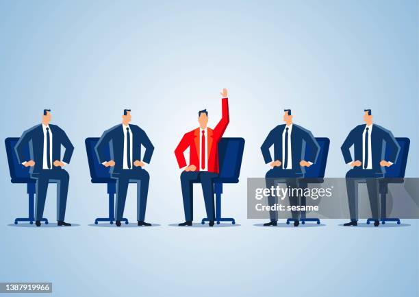 businessman sitting among five people raising hand to answer question or ask question. - asking time stock illustrations