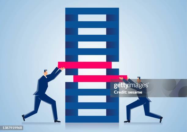 risk control, two businessmen control stacked cubes, business concept illustration. - failure stock illustrations