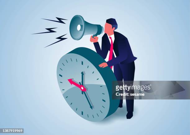 hurry up, deadline, manager holding megaphone standing next to huge clock and shouting loudly. - office politics stock illustrations