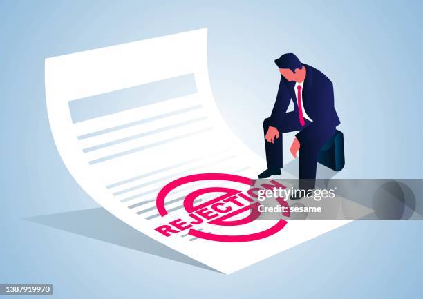 ilustraciones, imágenes clip art, dibujos animados e iconos de stock de empresario decepcionado sentado en documento de sello rechazado. - rejection