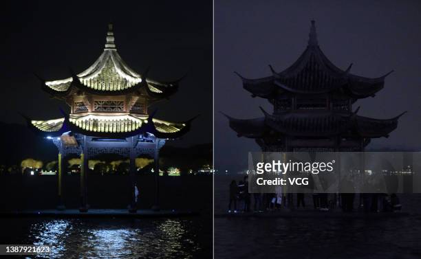In this composite image a comparison, Jixian Pavilion of Hangzhou West Lake is illuminated and with lights off to mark Earth Hour 2022 on March 26,...