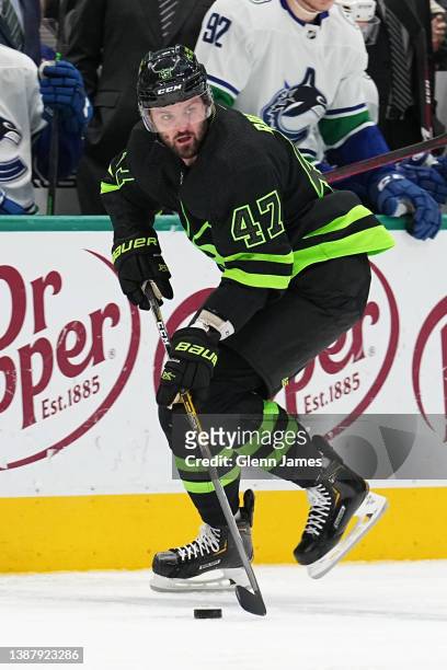 Alexander Radulov of the Dallas Stars handles the puck against the Vancouver Canucks at the American Airlines Center on March 26, 2022 in Dallas,...