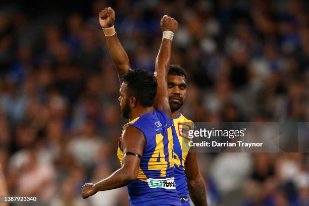 Willie Rioli and Liam Ryan of the Eagles celebrate a goal during the round two AFL match between the North Melbourne Kangaroos and the West Coast...