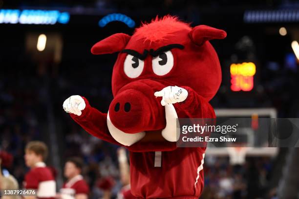 The Arkansas Razorbacks mascot performs during a timeout during the second half against the Duke Blue Devils in the NCAA Men's Basketball Tournament...