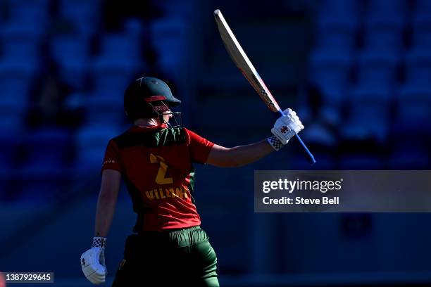 Elyse Villani of the Tigers celebrates scoring a half century during the WNCL match between Tasmania and South Australia at Blundstone Arena on March...