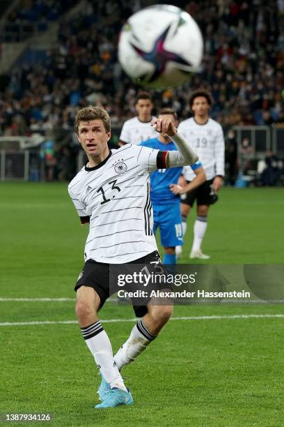 Thomas Müller of Germany runs with the ball during the international friendly match between Germany and Israel at PreZero-Arena on March 26, 2022 in...