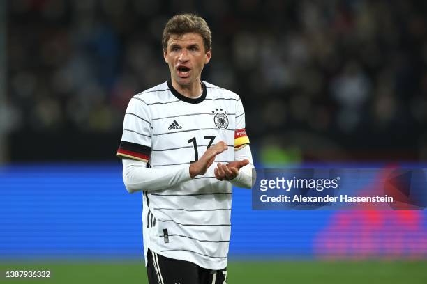 Thomas Müller of Germany reacts during the international friendly match between Germany and Israel at PreZero-Arena on March 26, 2022 in Sinsheim,...