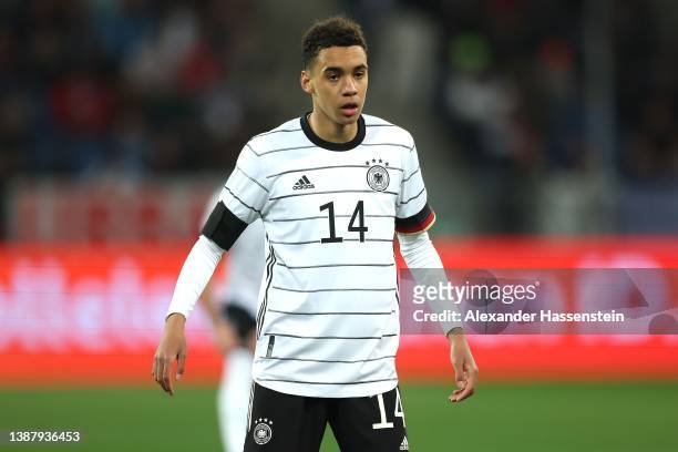 Jamal Musiala of Germany looks on during the international friendly match between Germany and Israel at PreZero-Arena on March 26, 2022 in Sinsheim,...