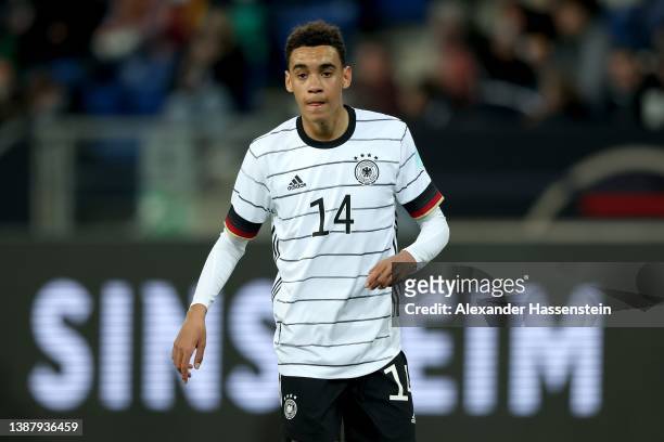 Jamal Musiala of Germany looks on during the international friendly match between Germany and Israel at PreZero-Arena on March 26, 2022 in Sinsheim,...