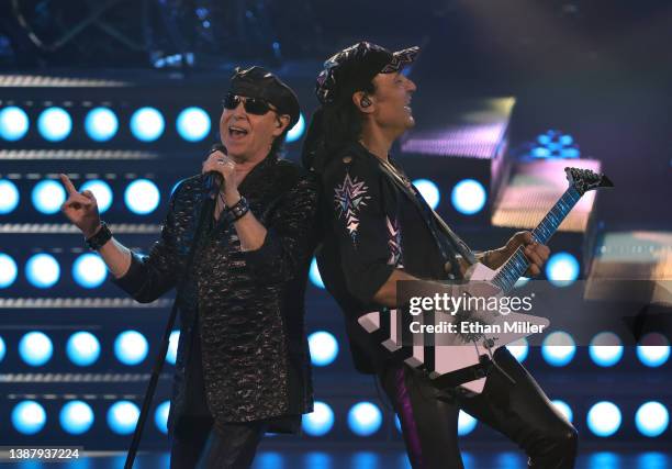 Singer Klaus Meine and guitarist Matthias Jabs of Scorpions perform on opening night of the band's nine-date residency, "Sin City Nights" at Zappos...