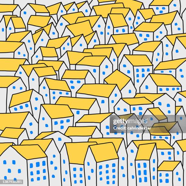 hand drawn houses poster illustration - crowded city drawing stock illustrations