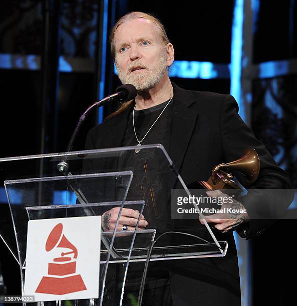 Honoree Gregg Allman of the Allman Brothers Band accepts a Lifetime Achievement award during The 54th Annual GRAMMY Awards Special Merit Awards...